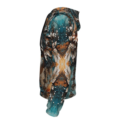 Side view of Loud and Lethal Seraph Shade cotton terry hoodie with abstract floral and feather design