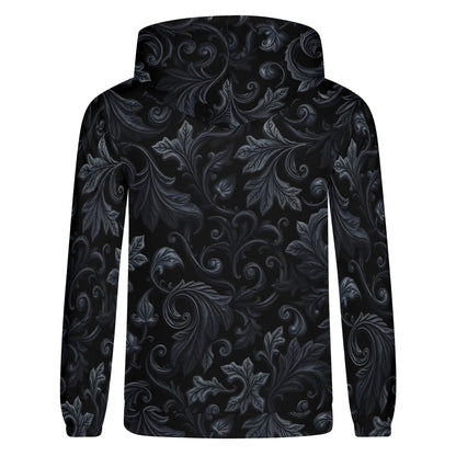 Unisex Shadowed Foliage Cotton Terry Hoodie by Loud and Lethal with dark intricate leaf pattern
