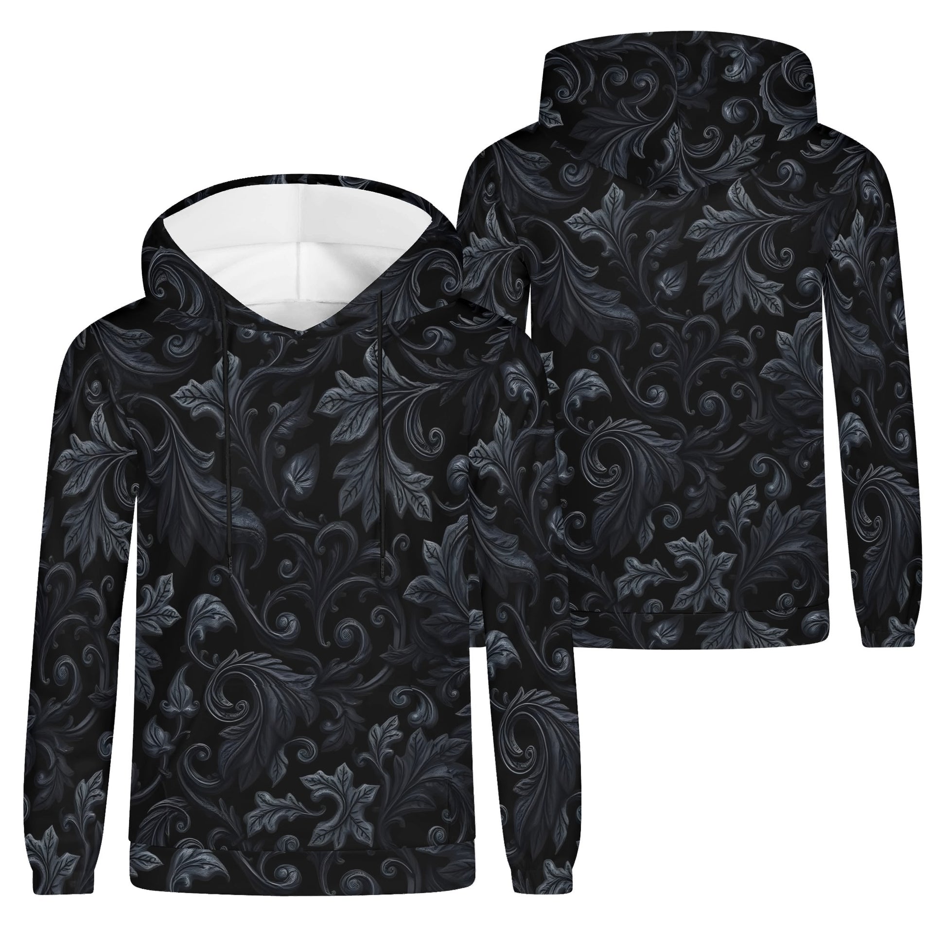 Shadowed Foliage Cotton Terry Hoodie by Loud and Lethal with black and gray leaf pattern unisex design