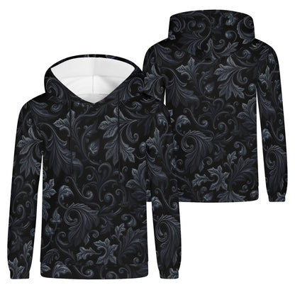 Shadowed Foliage Cotton Terry Hoodie by Loud and Lethal with black and gray leaf pattern unisex design