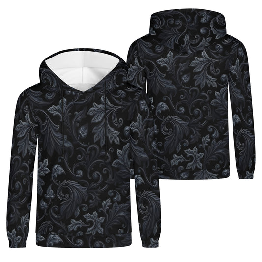 Shadowed Foliage Cotton Terry Hoodie by Loud and Lethal with black and gray leaf pattern unisex design