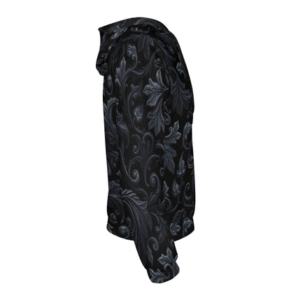 Loud and Lethal Shadowed Foliage Cotton Terry Hoodie unisex black floral patterned hoodie side view