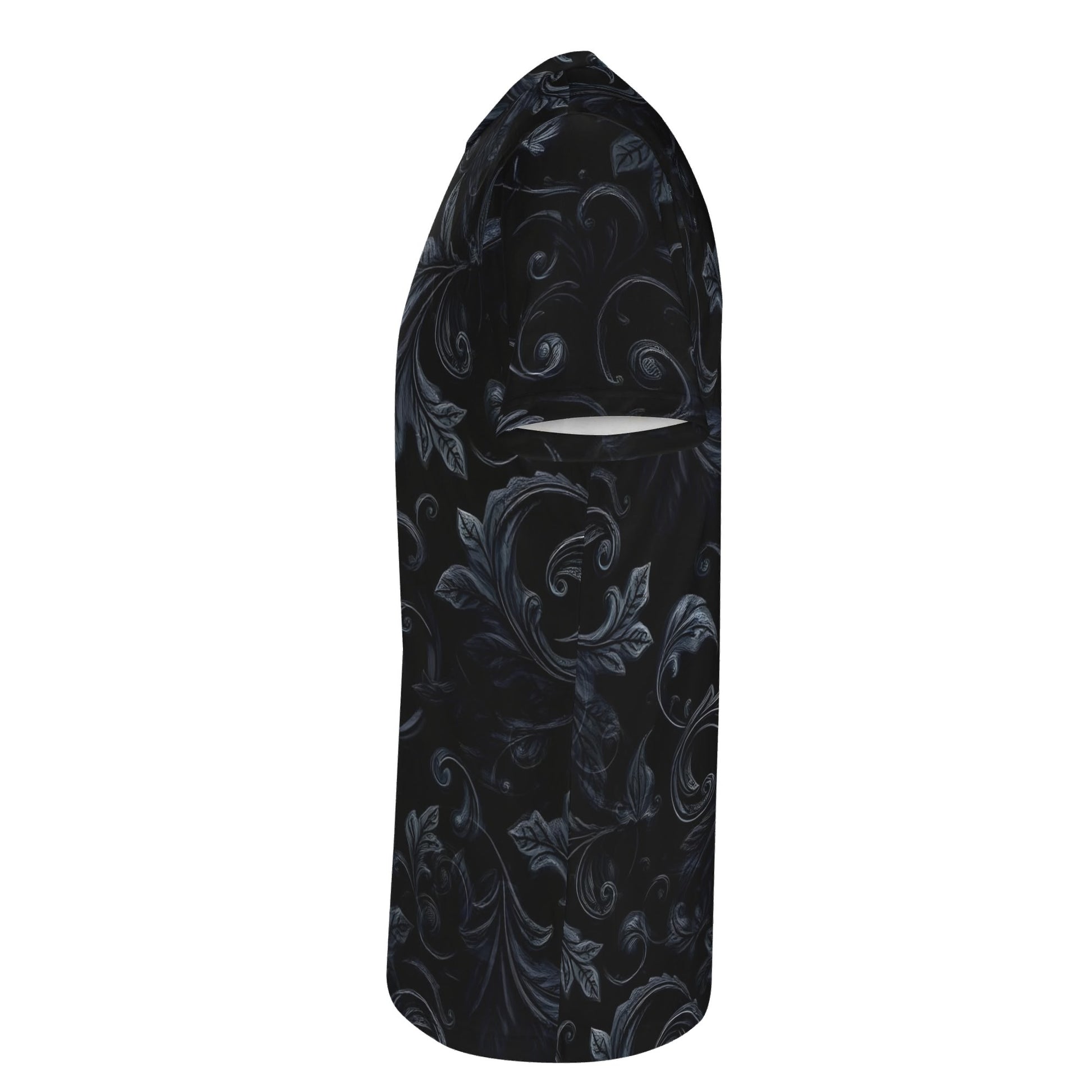 Loud and Lethal Shadowed Foliage Lycra T-Shirt unisex black with dark floral pattern side view
