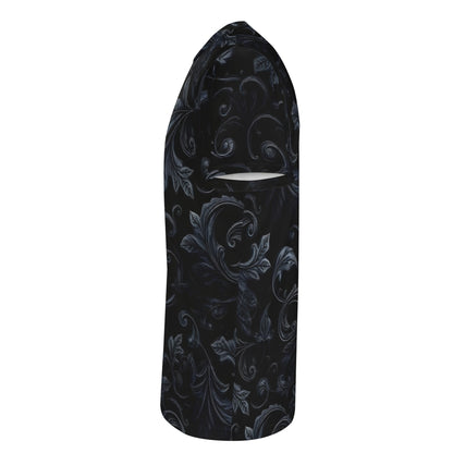 Loud and Lethal Shadowed Foliage Lycra T-Shirt unisex black with dark floral pattern side view