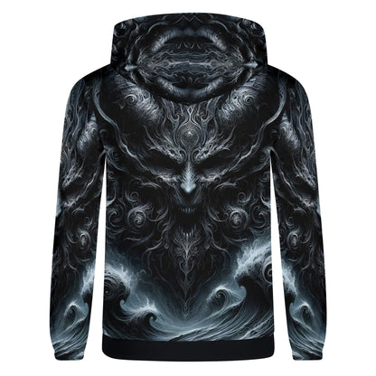 Back view of Loud and Lethal Shadows of Perdition Cotton Terry Hoodie with dark intricate fantasy artwork