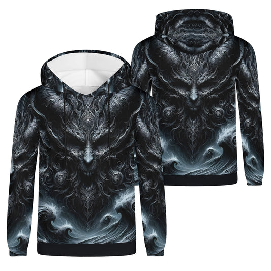 Shadows of Perdition Cotton Terry Hoodie by Loud and Lethal with dark intricate demon design on front and back