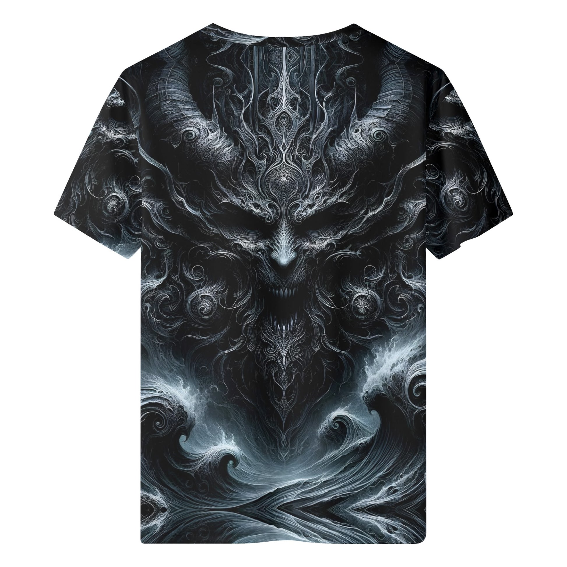 Back view of Loud and Lethal Shadows of Perdition Lycra T-Shirt with dark fantasy demon design