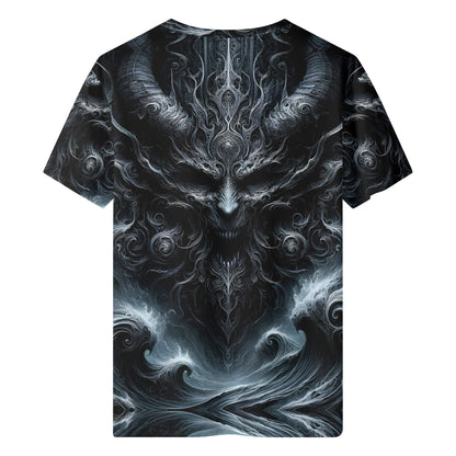 Back view of Loud and Lethal Shadows of Perdition Lycra T-Shirt with dark fantasy demon design