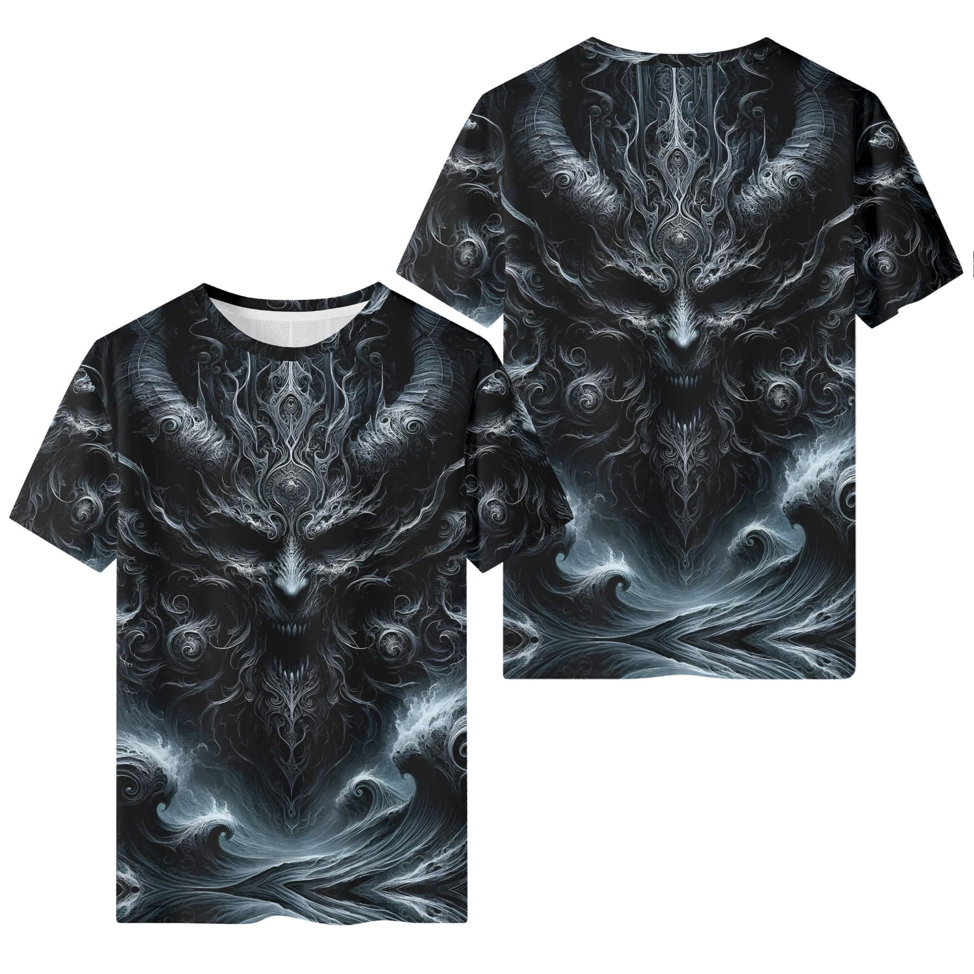 Shadows of Perdition Lycra T-Shirt unisex with dark mystical horned demon design by Loud and Lethal