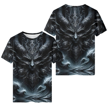 Shadows of Perdition Lycra T-Shirt unisex with dark mystical horned demon design by Loud and Lethal