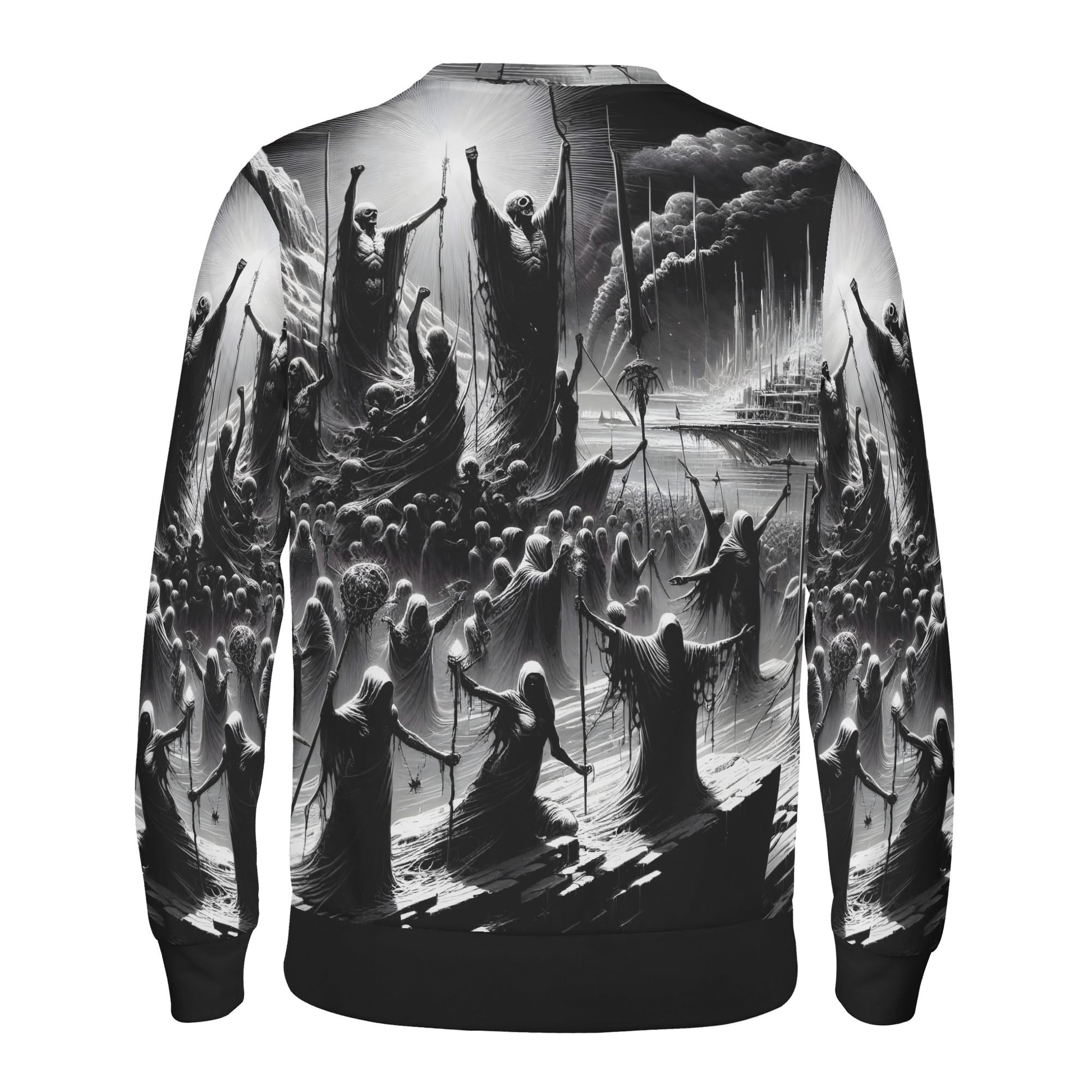 Rise of the Fallen Cotton Terry Sweatshirt unisex sweater back view with black and white apocalyptic crowd print