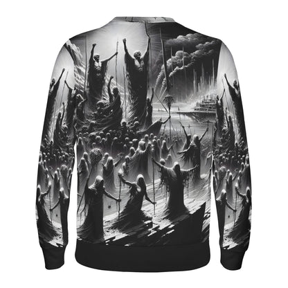 Rise of the Fallen Cotton Terry Sweatshirt unisex sweater back view with black and white apocalyptic crowd print