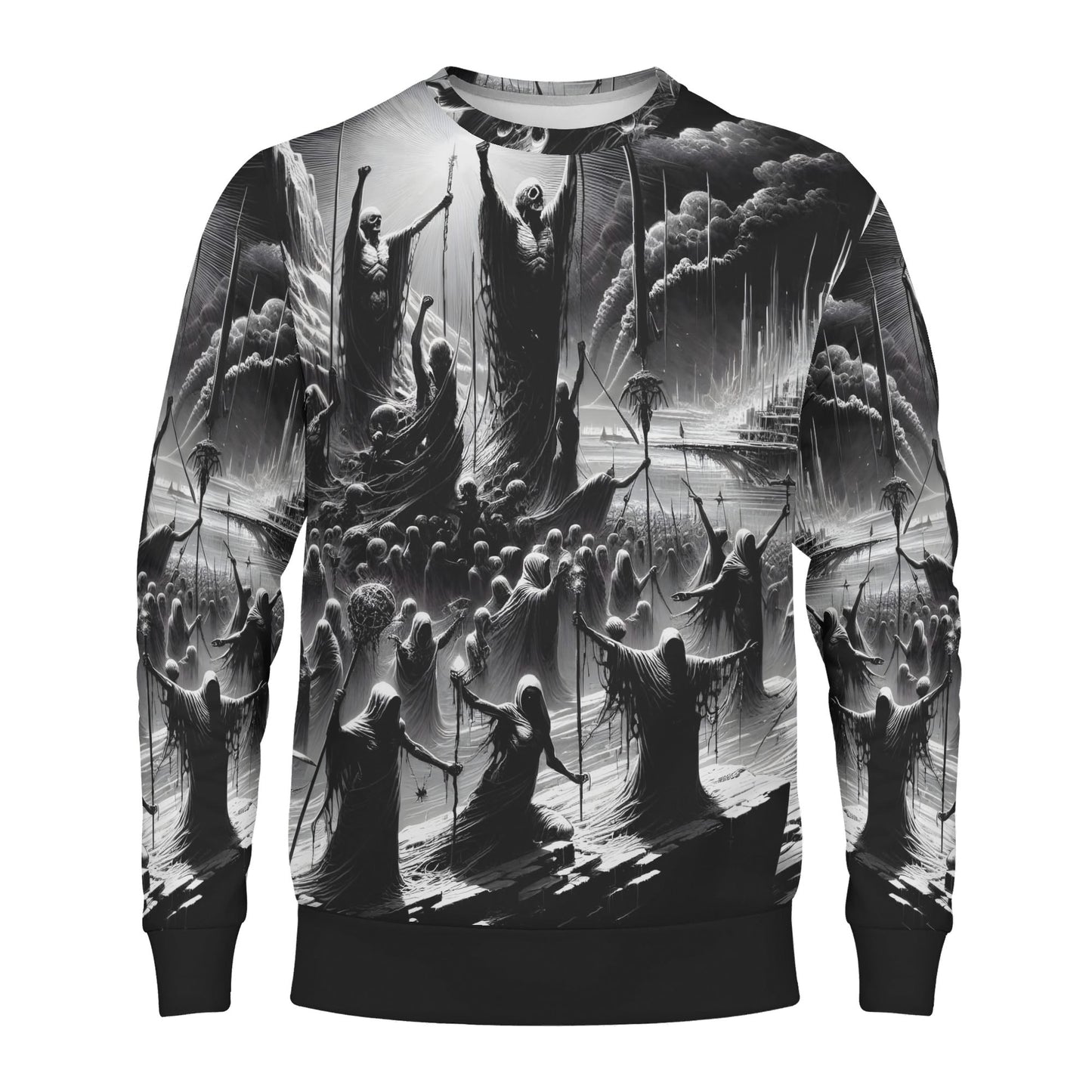 Loud and Lethal black and white sweater with robed figures and towers Rise of the Fallen Cotton Terry Sweatshirt