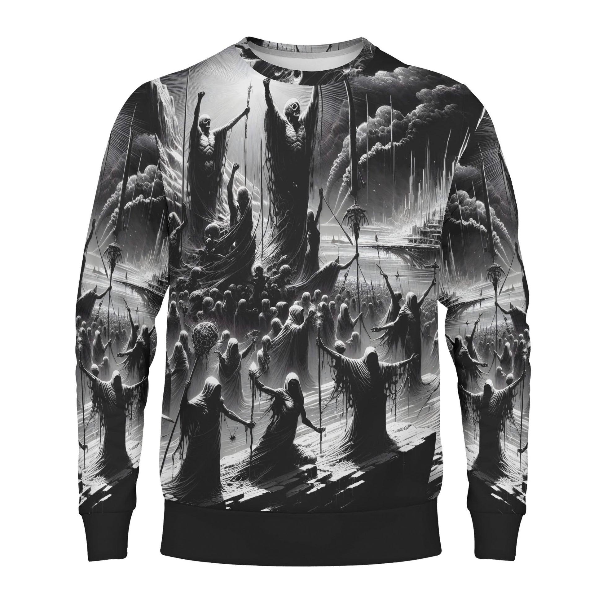 Loud and Lethal black and white sweater with robed figures and towers Rise of the Fallen Cotton Terry Sweatshirt