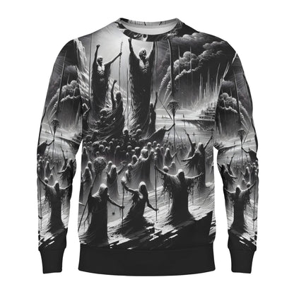 Loud and Lethal black and white sweater with robed figures and towers Rise of the Fallen Cotton Terry Sweatshirt