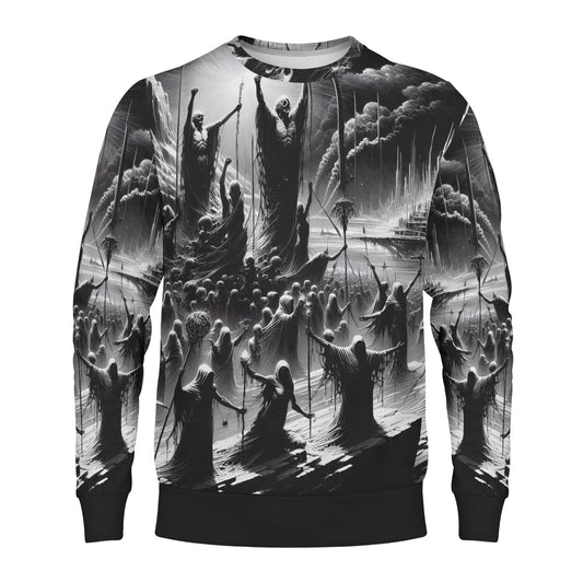 Loud and Lethal black and white sweater with robed figures and towers Rise of the Fallen Cotton Terry Sweatshirt