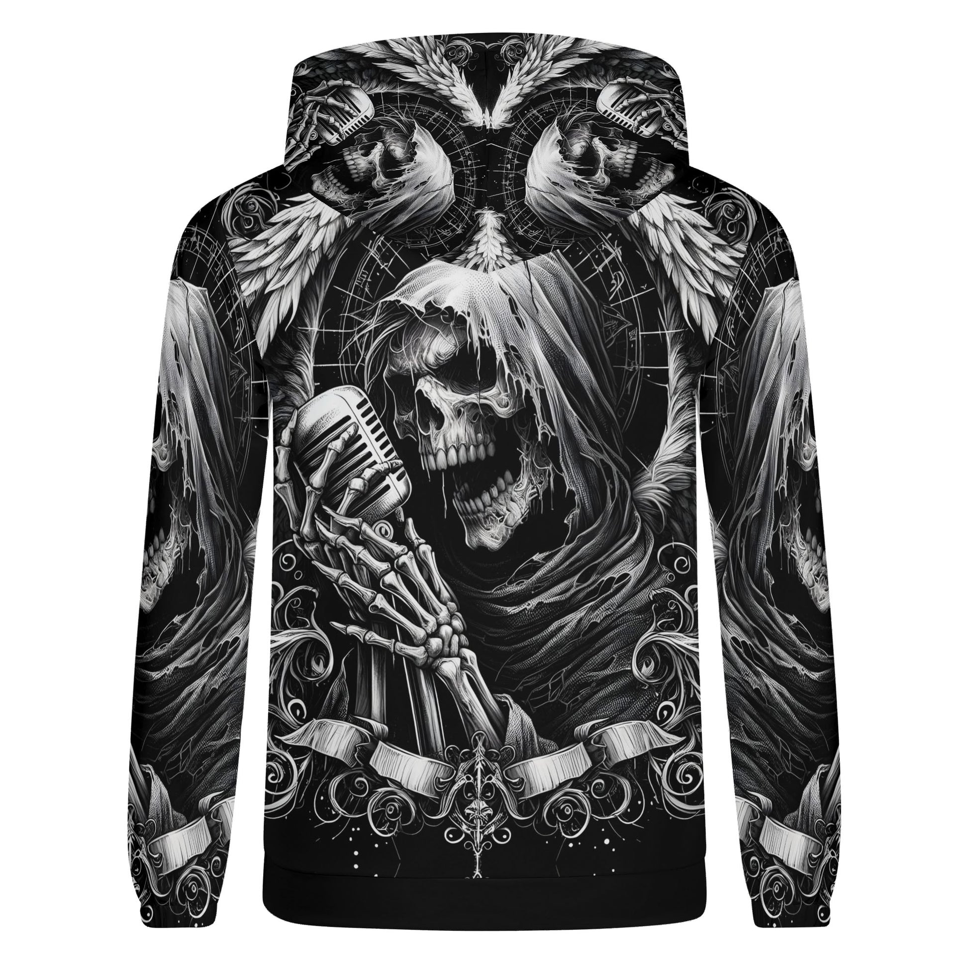 Shadowy Singer Poly French Terry Hoodie featuring a skeleton singer holding a vintage microphone in grayscale design