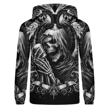 Shadowy Singer Poly French Terry Hoodie featuring a skeleton singer holding a vintage microphone in grayscale design
