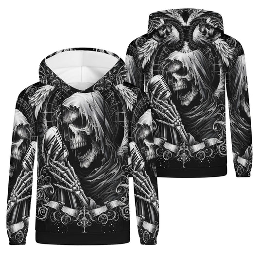 Shadowy Singer Poly French Terry Hoodie by Loud and Lethal with skeleton and vintage microphone design