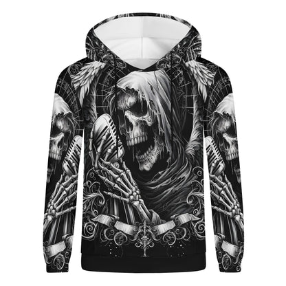 Shadowy Singer Poly French Terry Hoodie by Loud and Lethal with skeleton singer design in black and white