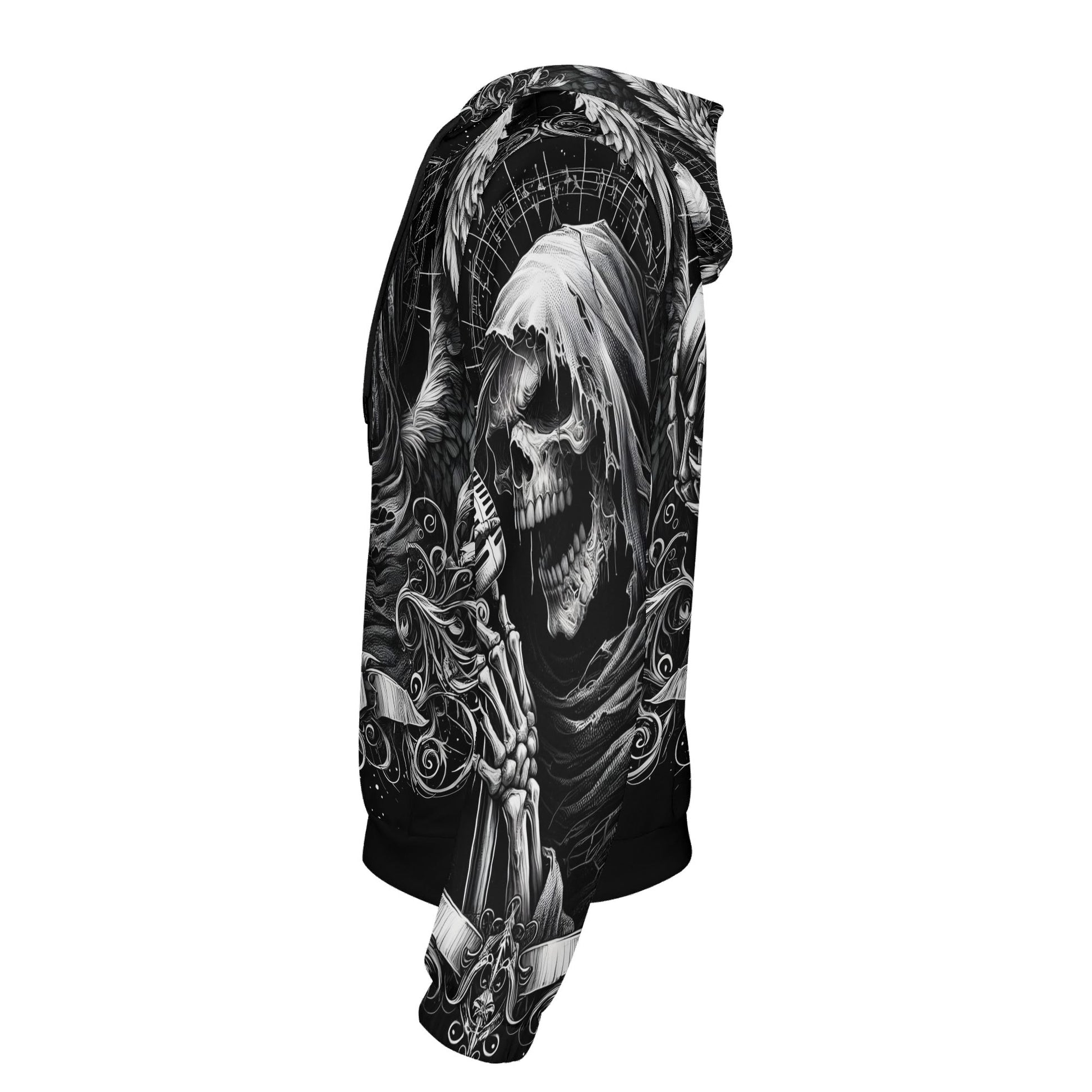 Side view of Loud and Lethal Shadowy Singer Poly French Terry Hoodie with skull and skeletal design
