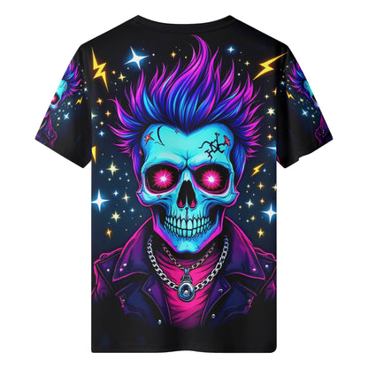 Shockwave Warrior Organic Cotton Kids T-Shirt featuring vibrant skull graphic with neon hair and lightning bolts