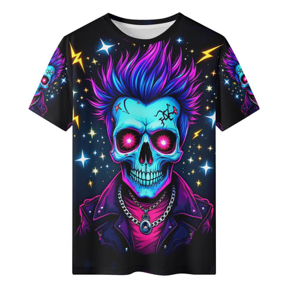Shockwave Warrior Organic Cotton Kids T-Shirt featuring neon punk skull with vibrant purple hair and lightning design