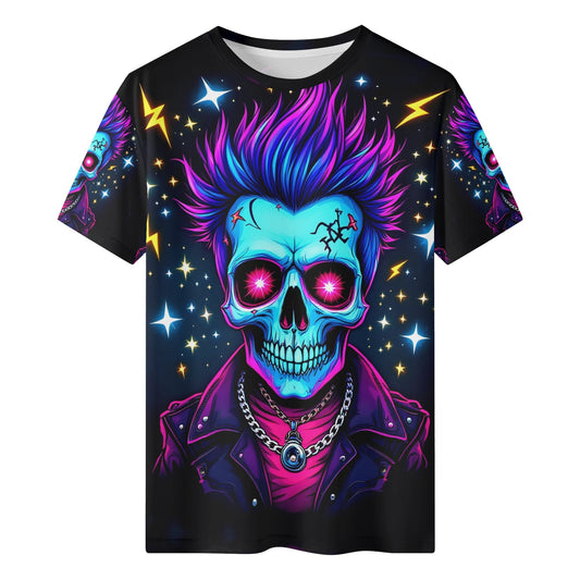 Shockwave Warrior Organic Cotton Kids T-Shirt featuring neon punk skull with vibrant purple hair and lightning design