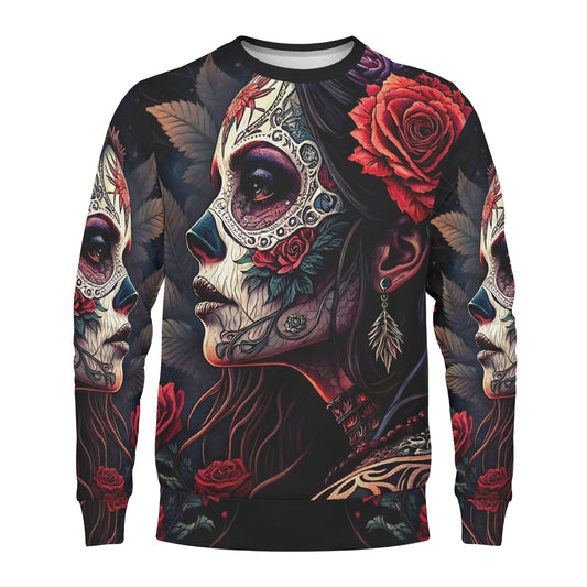 Loud and Lethal Doomed to Bloom Poly French Terry Sweatshirt unisex sweater featuring sugar skull profile with red roses