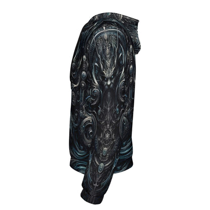 Side view of Loud and Lethal Sigil of Shadows Cotton Terry Hoodie with dark intricate fantasy design