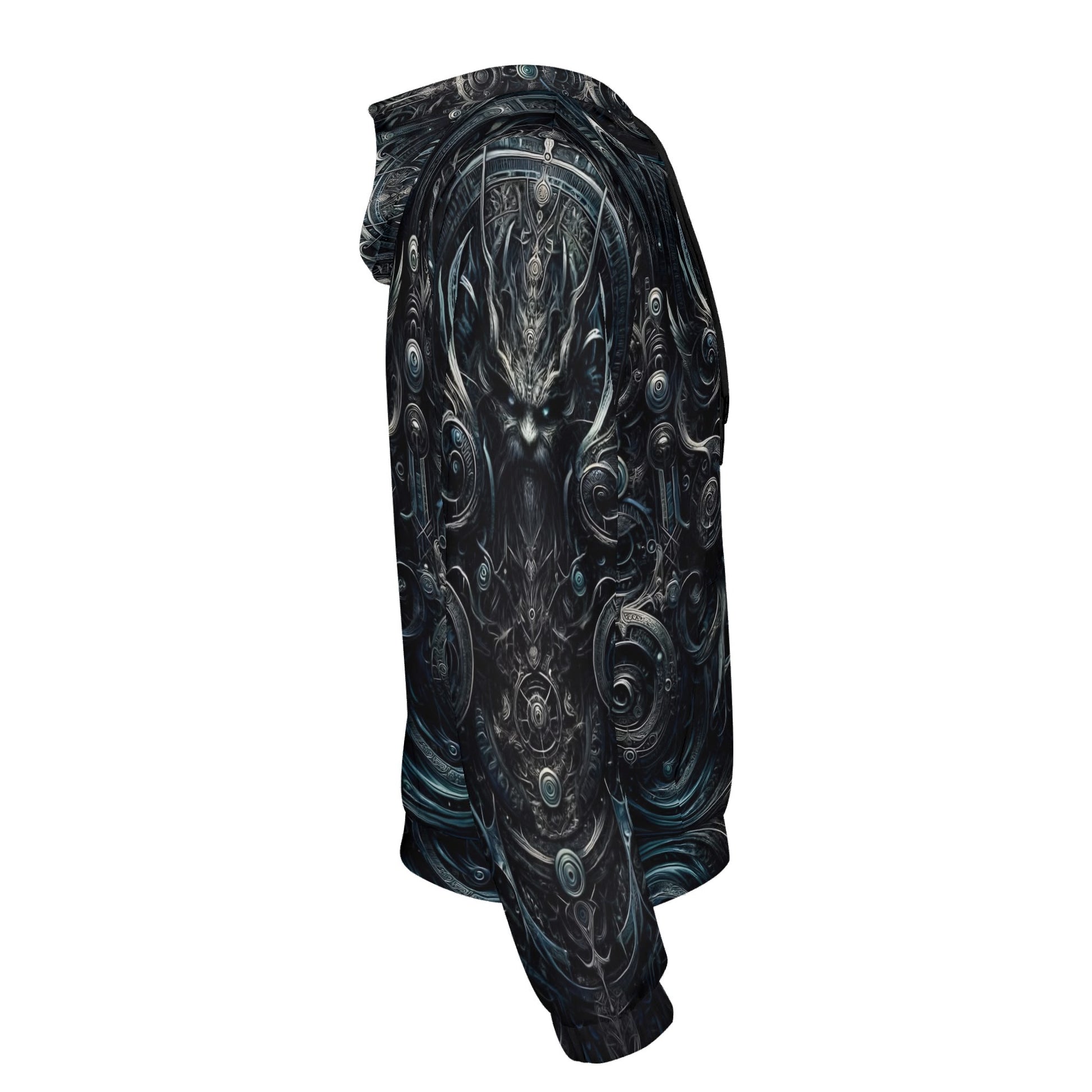 Side view of Loud and Lethal Sigil of Shadows Cotton Terry Hoodie with detailed dark mystical design