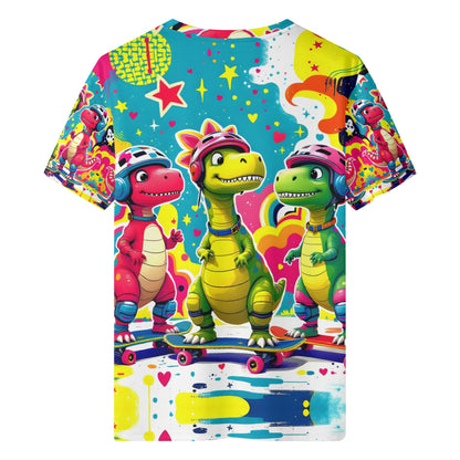 Skate n Roar Organic Cotton Kids T-Shirt featuring colorful dinosaurs on skateboards