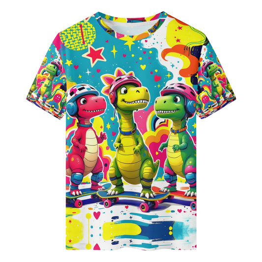 Skate n Roar Organic Cotton Kids T-Shirt featuring colorful dinosaurs skateboarding with helmets and vibrant background
