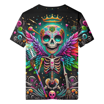 Skeleton Stardust Organic Cotton Kids T-Shirt with colorful winged skeleton and vibrant crown design