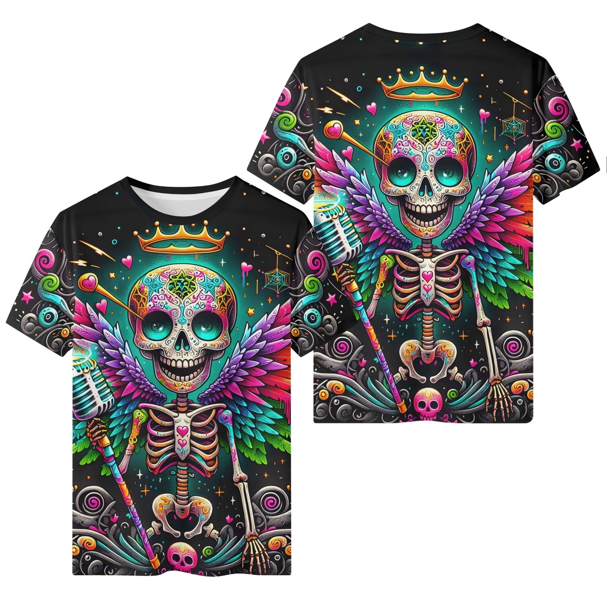 Skeleton Stardust Organic Cotton Kids T-Shirt by Loud and Lethal with colorful skeleton and vibrant wings design