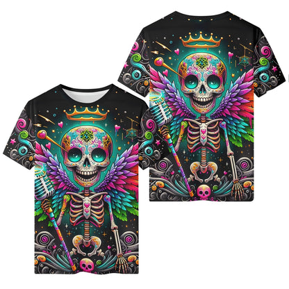 Skeleton Stardust Organic Cotton Kids T-Shirt by Loud and Lethal with colorful skeleton and vibrant wings design