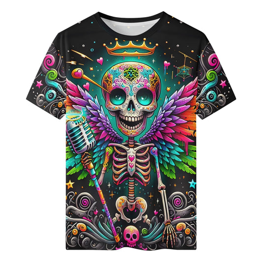 Skeleton Stardust Organic Cotton Kids T-Shirt featuring colorful winged skeleton design with crown and microphone