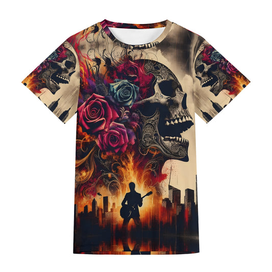 Skull and Roses Rebellion Lycra T-Shirt featuring skulls, colorful roses, and a city skyline with a guitarist silhouette