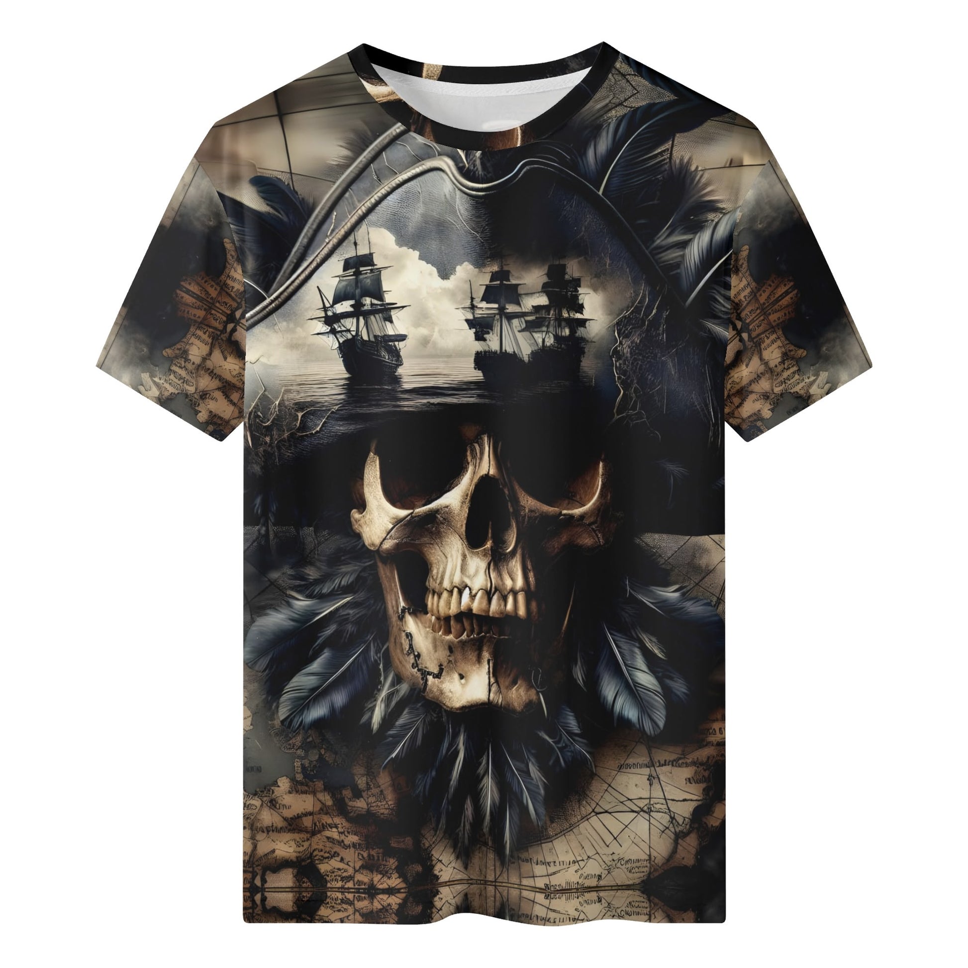 Skull and Sea 100 Cotton T-Shirt featuring pirate skull with ships and feather design