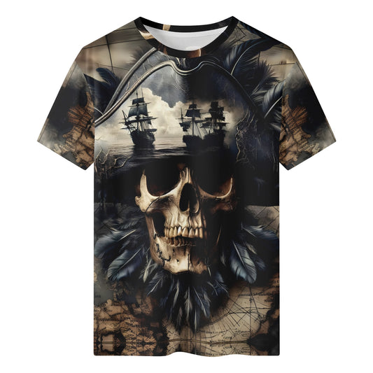 Skull and Sea 100 Cotton T-Shirt featuring pirate skull with ships and feather design