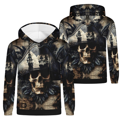 Skull and sea cotton terry hoodie with pirate ship and detailed skull design from Loud and Lethal