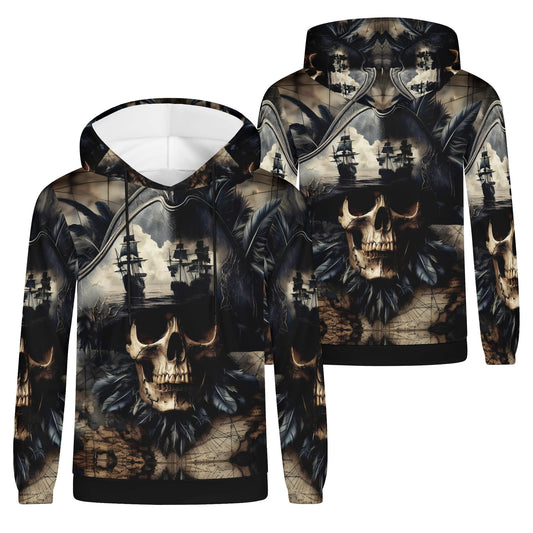 Skull and sea cotton terry hoodie with pirate ship and detailed skull design from Loud and Lethal