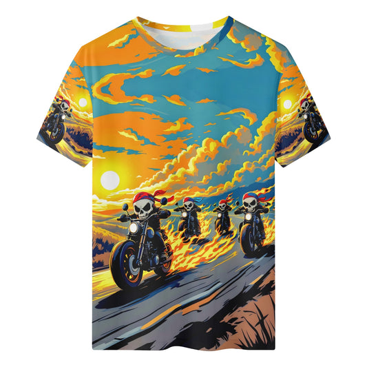 Skull Riders Organic Cotton Kids T-Shirt featuring skull motorcycle riders on a fiery sunset road
