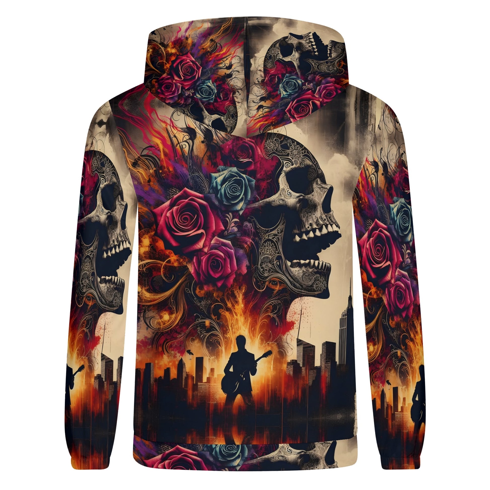 Skull & Roses Rebellion Cotton Terry Hoodie by Loud and Lethal with skulls, roses, and city skyline design