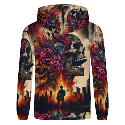 Skull & Roses Rebellion Cotton Terry Hoodie by Loud and Lethal with skulls, roses, and city skyline design