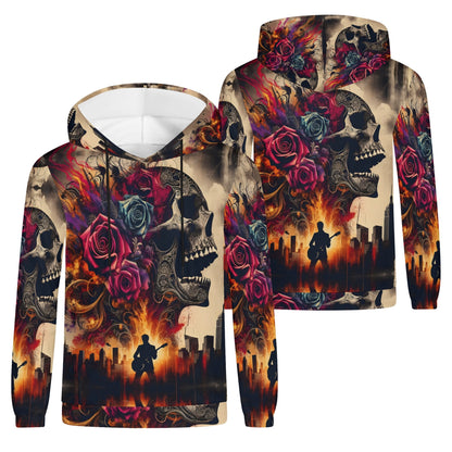 Skull & Roses Rebellion Cotton Terry Hoodie by Loud and Lethal with vibrant skull and rose design and fiery cityscape background