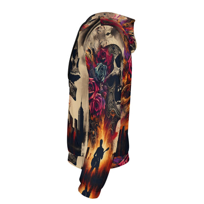 Skull & Roses Rebellion Cotton Terry Hoodie featuring colorful skull and rose design with cityscape and guitar silhouette
