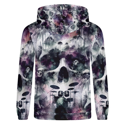 Loud and Lethal Skull Sessions sustainable goth hoodie with dark skull and drum set design