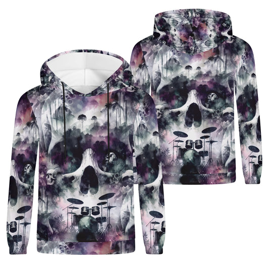 Skull Sessions sustainable goth hoodie by Loud and Lethal with dark skull and drum graphic print