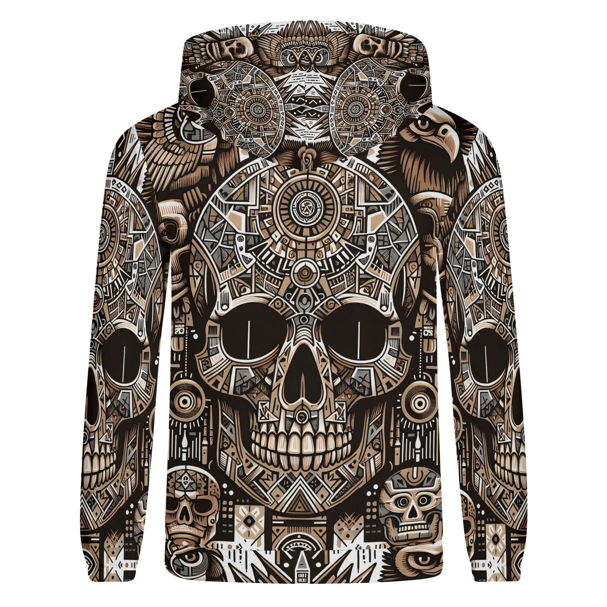 Skull Totem poly french terry hoodie by Loud and Lethal featuring intricate tribal skull and totem designs in brown and black